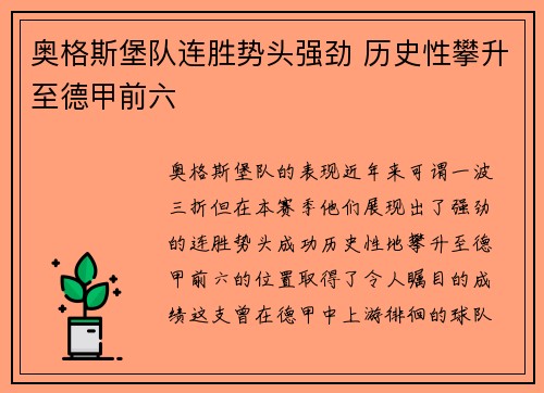 奥格斯堡队连胜势头强劲 历史性攀升至德甲前六